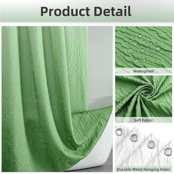 Bathroom Sage Green Shower Curtain Set Ombre with 12 Hooks, Modern Shower Curtai - Picture 2 of 6